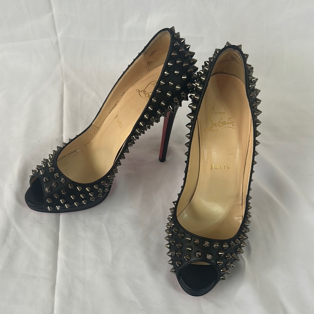 Christian Louboutin Black Studded Peep-Toe Heels